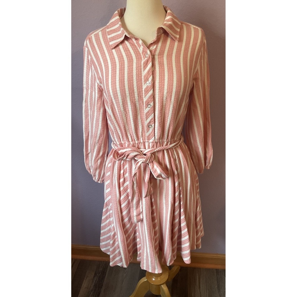 Cato Pink White Striped‎ Fit Flare Dress Size Small